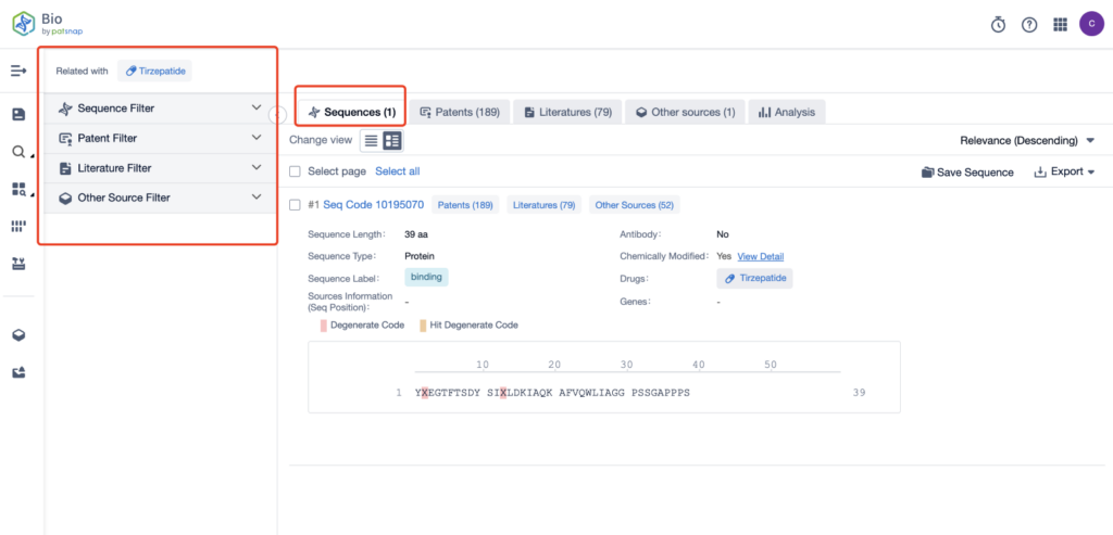Patsnap 바이오 서열 데이터베이스. Tirzepatide의 서열, 특허, 문헌, 다양한 소스의 데이터.