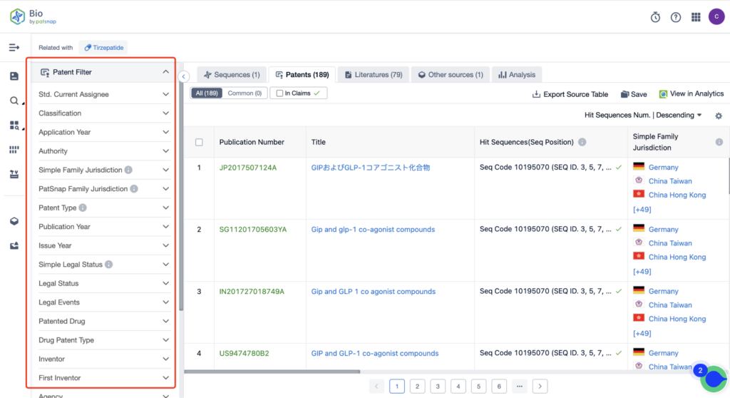 Patsnap Bio & Database. Search Results Page and Filters