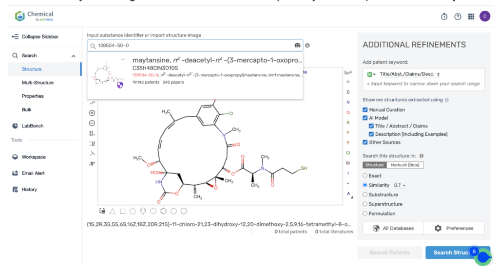 Patsnap Bio Sequence Search Chemical Database, Kadcyla의 MCC 링커 및 강력한 세포독성제인 DM1과 관련된 특허 세부정보.